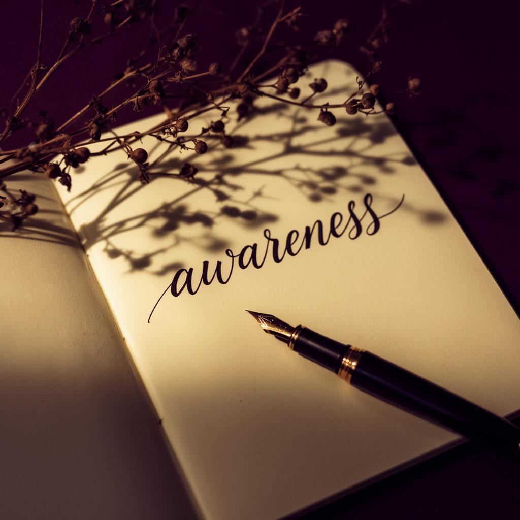 深色背景中翻開的筆記本，寫著手寫字「awareness」，旁邊放著鋼筆與乾燥枝果