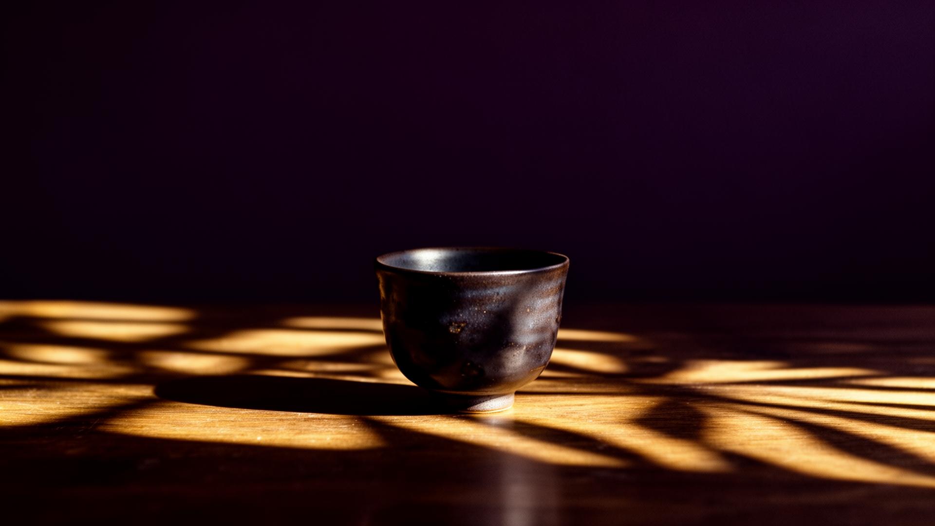 深色桌面上的小巧黑陶杯，午後光影灑落