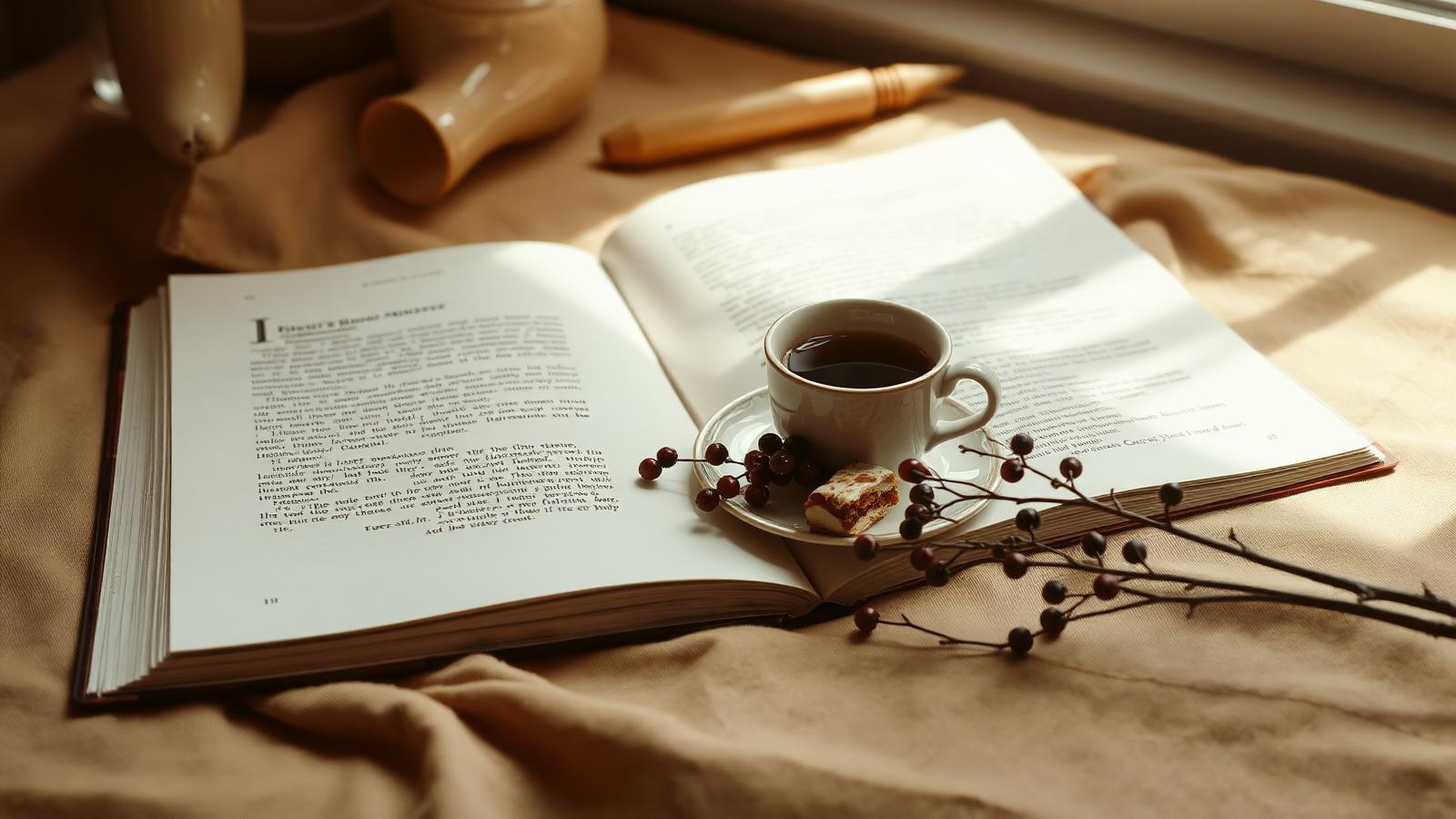 米色亞麻桌布上翻開的書、一杯熱茶與小巧甜點，旁有乾燥莓果枝的靜物