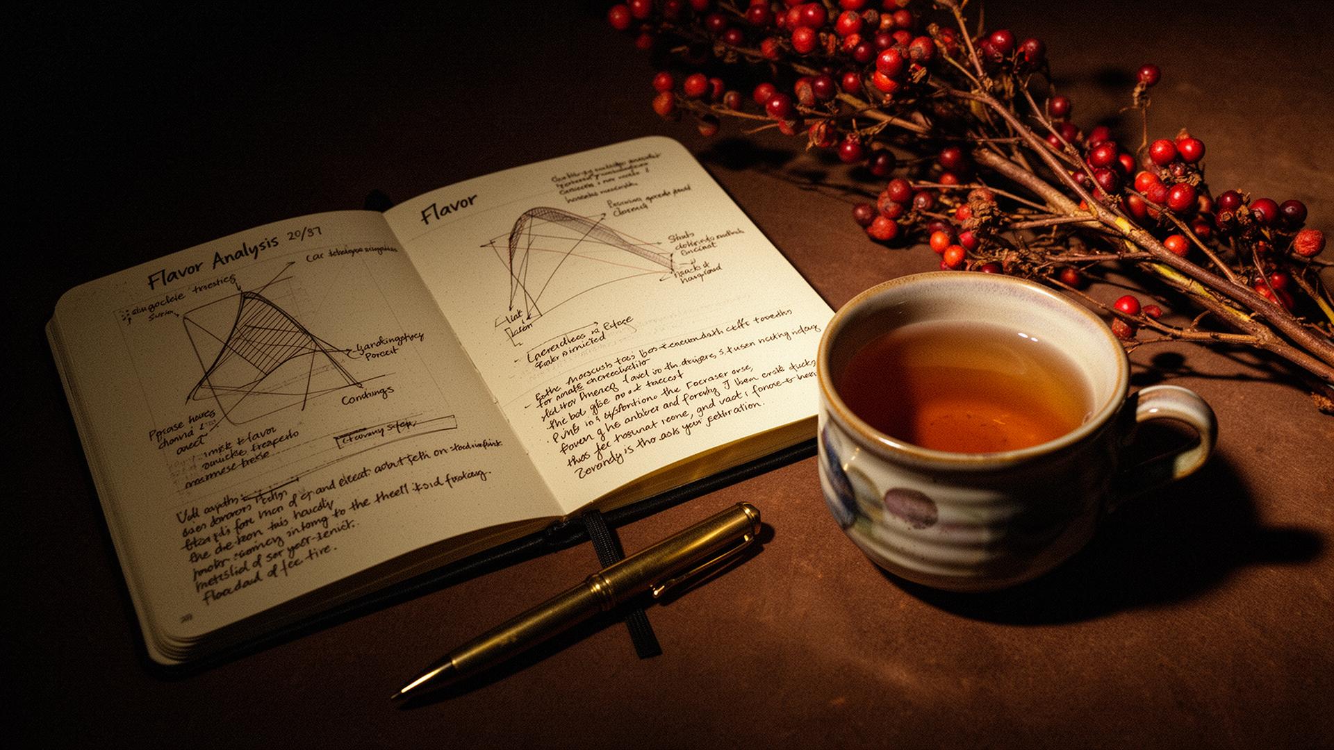 深色木桌上的陶杯茶與品味筆記本,溫暖燈光