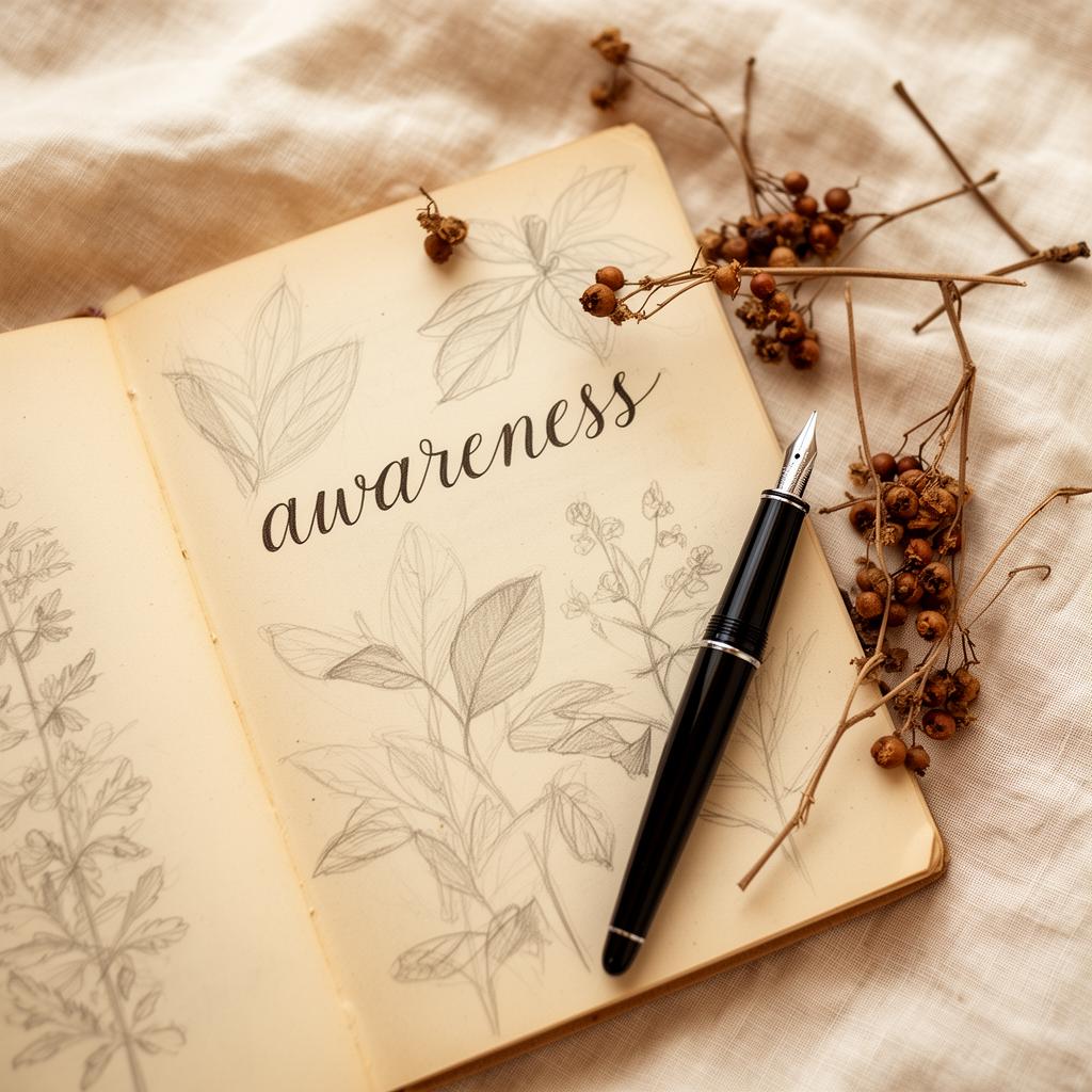 開啟的筆記本上有手寫 awareness 與植物素描，黑色鋼筆放置其上
