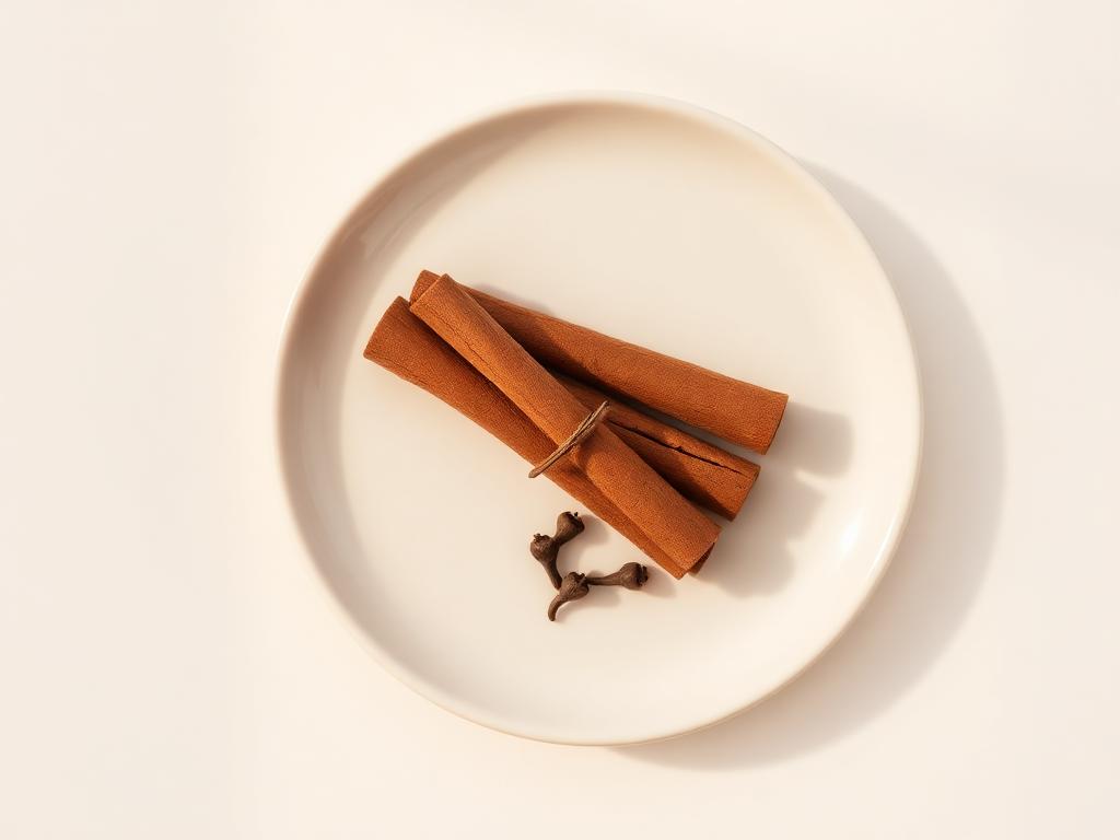 白色圓盤上一束捆紮的肉桂條與幾顆丁香的靜物攝影