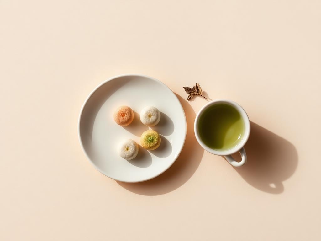 白色圓盤上三顆色調柔和的和菓子，旁有一只盛著淡綠抹茶的小茶杯，靜物攝影